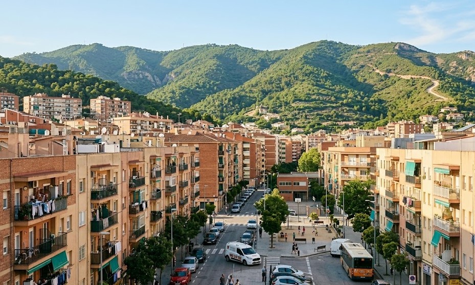Vista urbana de los bloques de pisos de Pomar con la Serralada de Marina al fondo